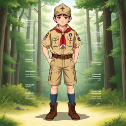 A detailed illustration of a scout uniform for children, complete with all attributes and accessories