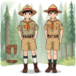 A detailed illustration of a scout uniform for children, complete with all attributes and accessories