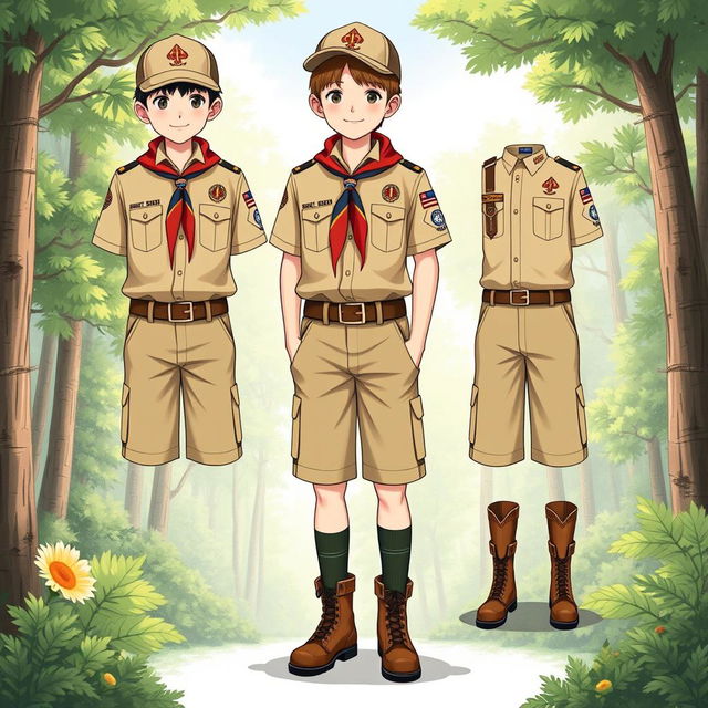 A detailed illustration of a scout uniform for children, complete with all attributes and accessories