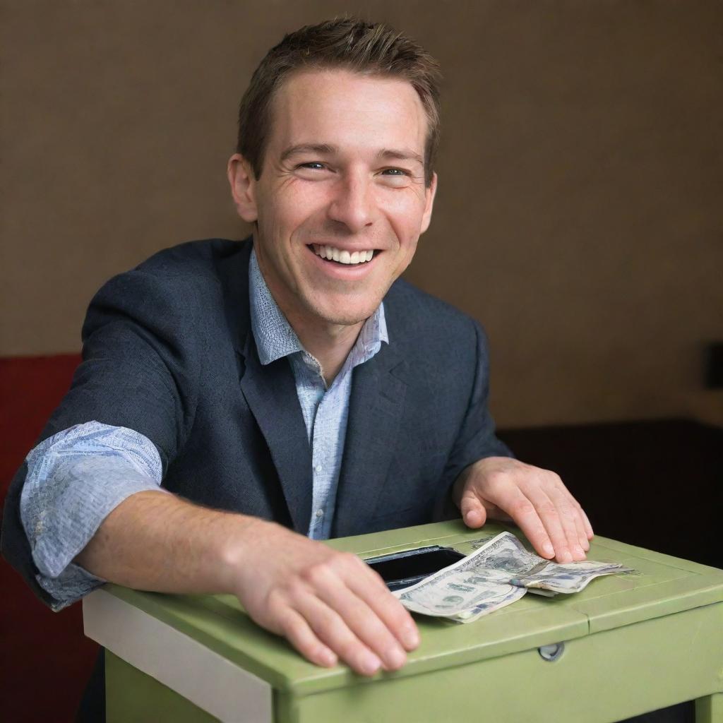 A magnanimous individual in an act of generosity, placing cash into a donation box with a humble yet joyous expression, highlighting the spirit of giving.