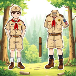 A detailed illustration of a scout uniform for children, complete with all attributes and accessories