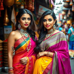 Two sexy women dressed in vibrant, traditional Indian attire, showcasing colorful sarees and elaborate jewelry