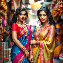 Two sexy women dressed in vibrant, traditional Indian attire, showcasing colorful sarees and elaborate jewelry