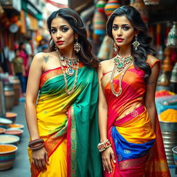 Two sexy women dressed in vibrant, traditional Indian attire, showcasing colorful sarees and elaborate jewelry