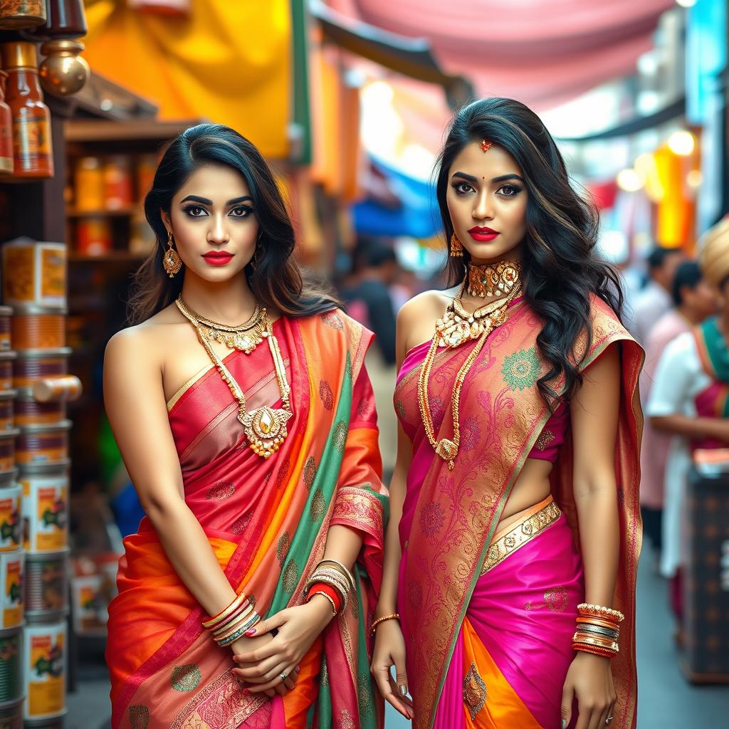 Two sexy women dressed in vibrant, traditional Indian attire, showcasing colorful sarees and elaborate jewelry