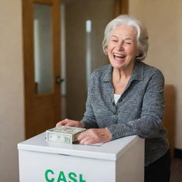 A magnanimous individual in an act of generosity, placing cash into a donation box with a humble yet joyous expression, highlighting the spirit of giving.