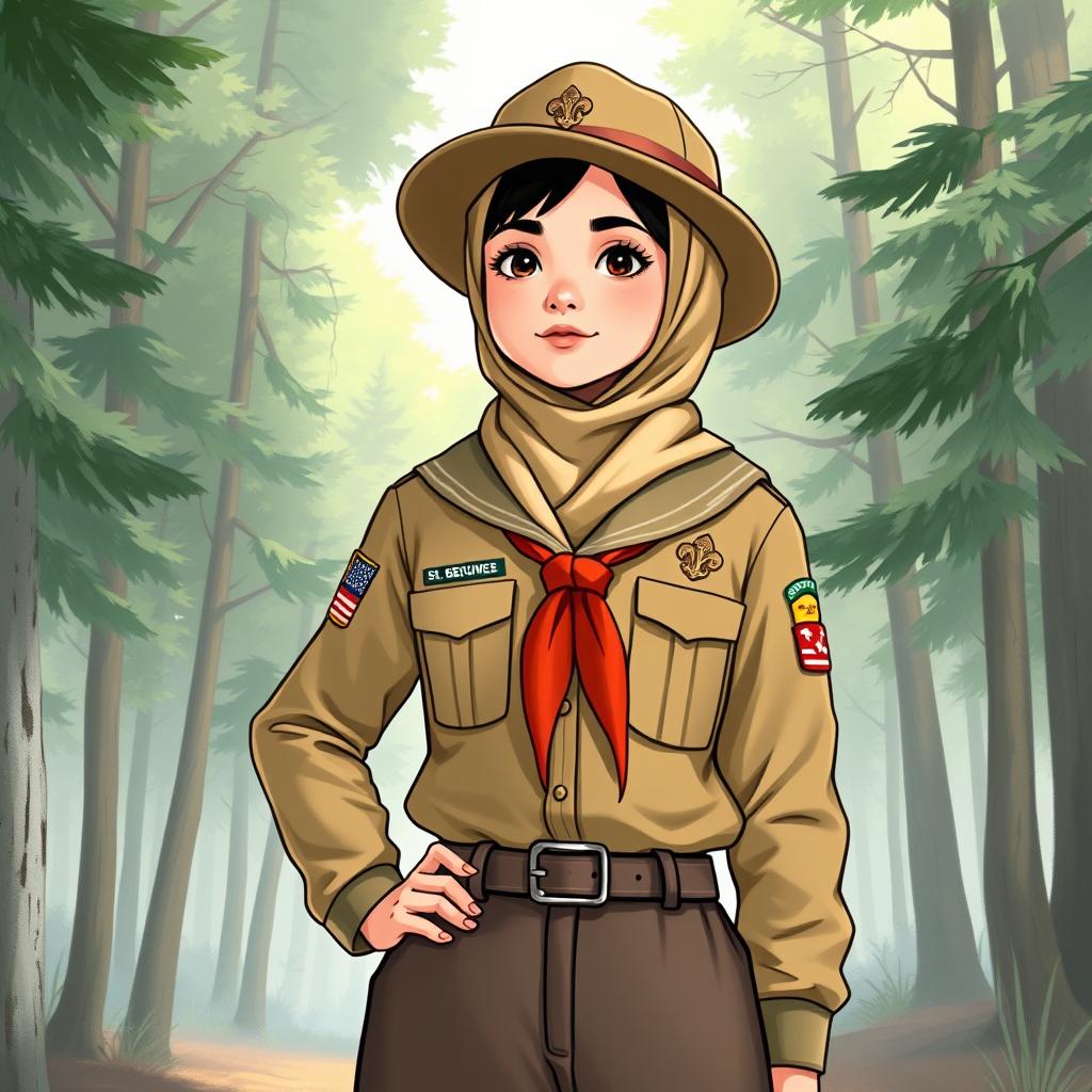 A realistic illustration of a young girl wearing a long-sleeved scout uniform, complete with a hijab and a scout hat