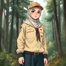 A realistic illustration of a young girl wearing a long-sleeved scout uniform, complete with a hijab and a scout hat