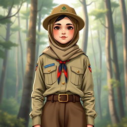 A realistic illustration of a young girl wearing a long-sleeved scout uniform, complete with a hijab and a scout hat