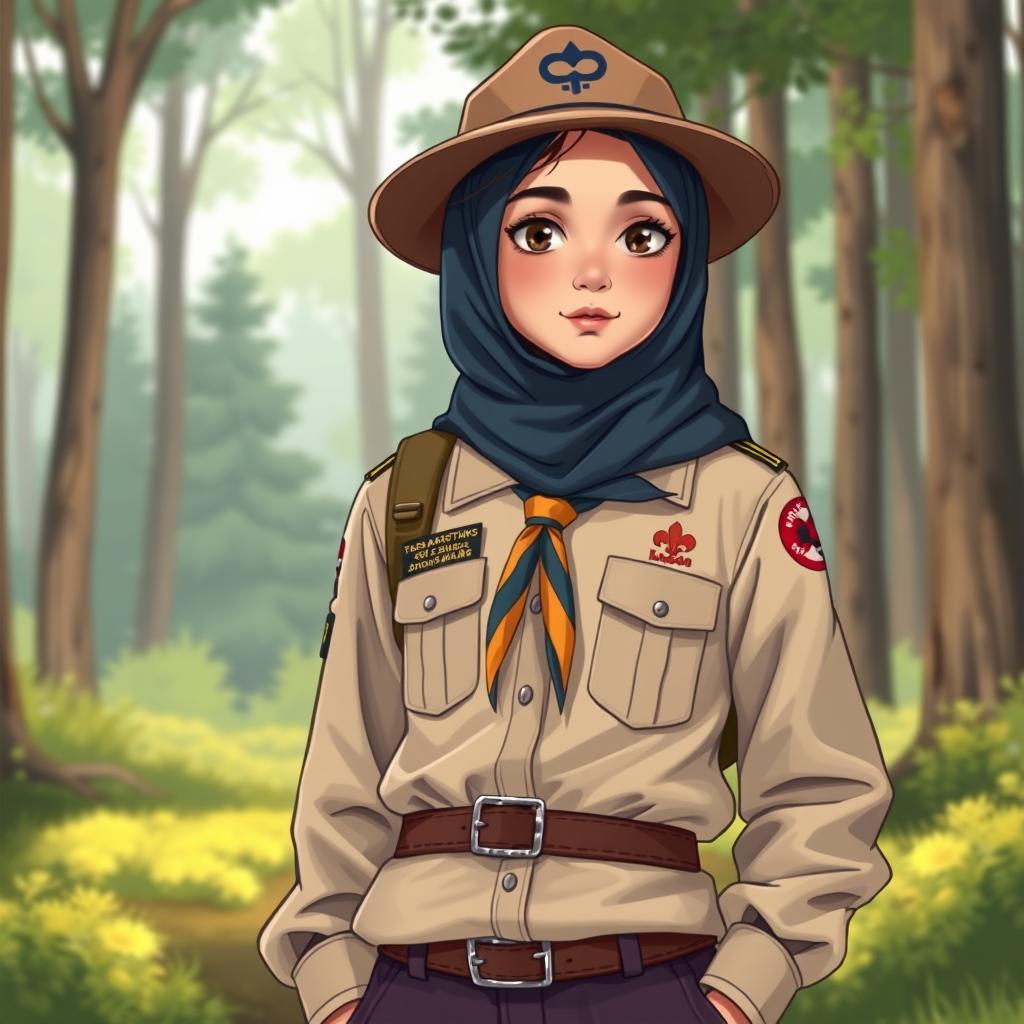 A realistic illustration of a young girl wearing a long-sleeved scout uniform, complete with a hijab and a scout hat