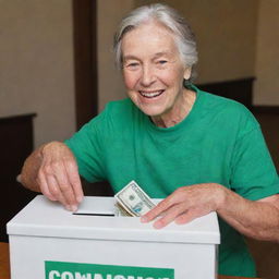 A magnanimous individual in an act of generosity, placing cash into a donation box with a humble yet joyous expression, highlighting the spirit of giving.