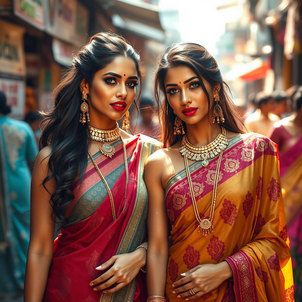 Two sexy women in traditional desi attire, sweat glistening on their skin, adding to their allure in the scorching heat