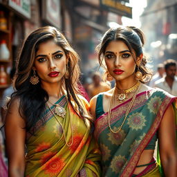 Two sexy women in traditional desi attire, sweat glistening on their skin, adding to their allure in the scorching heat