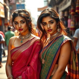 Two sexy women in traditional desi attire, sweat glistening on their skin, adding to their allure in the scorching heat