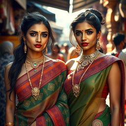 Two sexy women in traditional desi attire, sweat glistening on their skin, adding to their allure in the scorching heat