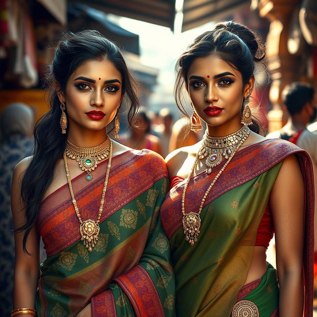 Two sexy women in traditional desi attire, sweat glistening on their skin, adding to their allure in the scorching heat