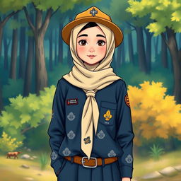 A realistic illustration of a young girl wearing a long-sleeved scout uniform, featuring a hijab and a scout hat