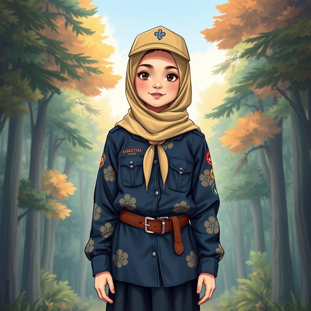 A realistic illustration of a young girl wearing a long-sleeved scout uniform, featuring a hijab and a scout hat