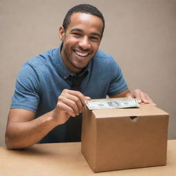 A magnanimous individual in an act of generosity, placing cash into a donation box with a humble yet joyous expression, highlighting the spirit of giving.