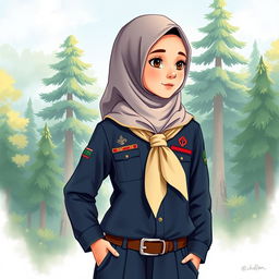 A realistic illustration of a young girl wearing a long-sleeved scout uniform, featuring a hijab and a scout hat