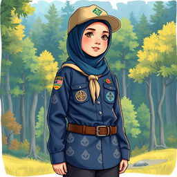 A realistic illustration of a young girl wearing a long-sleeved scout uniform, featuring a hijab and a scout hat