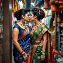 Two sexy women in traditional desi attire, intimately kissing each other