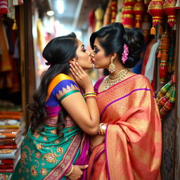 Two sexy women in traditional desi attire, intimately kissing each other