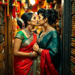 Two sexy women in traditional desi attire, intimately kissing each other