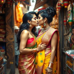 Two sexy women in traditional desi attire, intimately kissing each other