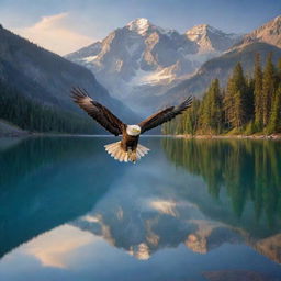 A serene and breathtaking mountainous landscape with a majestic eagle soaring high in the sky over a crystal clear lake, reflecting the splendor of the setting sun.