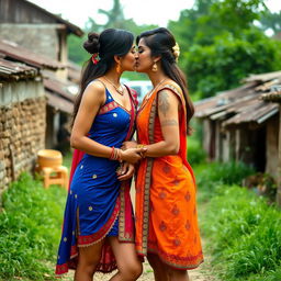 Two sexy women in short, traditional-inspired desi dresses, intimately kissing each other in a picturesque village setting