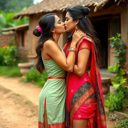 Two sexy women in short, traditional-inspired desi dresses, intimately kissing each other in a picturesque village setting