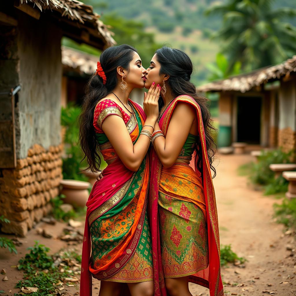 Two sexy women in short, traditional-inspired desi dresses, intimately kissing each other in a picturesque village setting