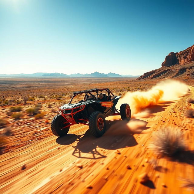 A high-speed racing event set in the wild Australian outback, featuring a single, powerful off-road vehicle tearing across rugged terrain