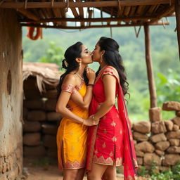 Two sexy women in short, traditional-inspired desi dresses, intimately kissing each other in a picturesque village setting