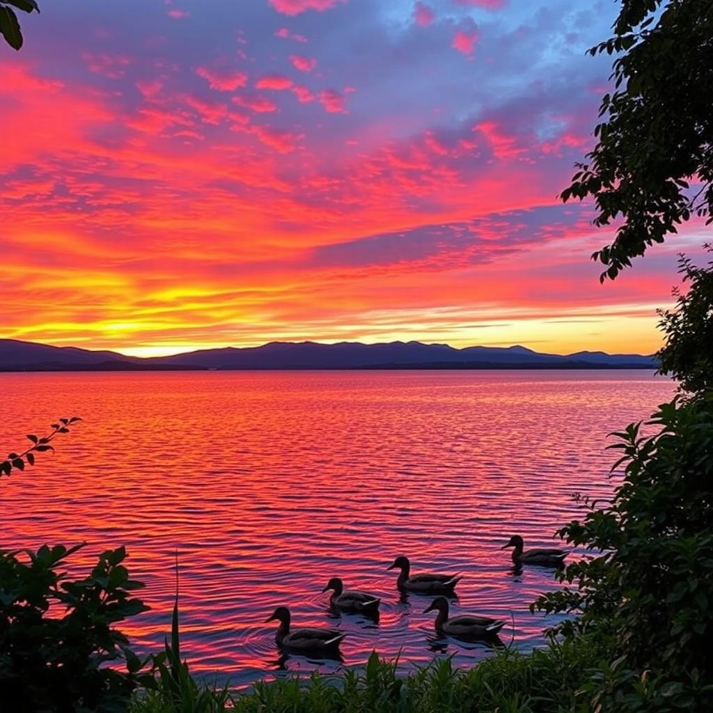 A serene and picturesque landscape showcasing a vibrant sunset over a calm lake, with gentle ripples reflecting the fiery oranges and pinks of the sky