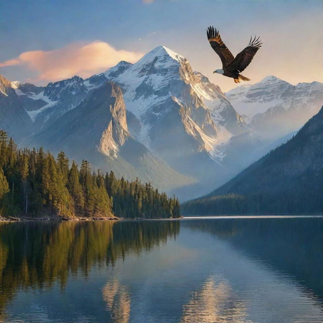 A serene and breathtaking mountainous landscape with a majestic eagle soaring high in the sky over a crystal clear lake, reflecting the splendor of the setting sun.