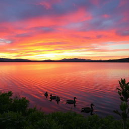 A serene and picturesque landscape showcasing a vibrant sunset over a calm lake, with gentle ripples reflecting the fiery oranges and pinks of the sky