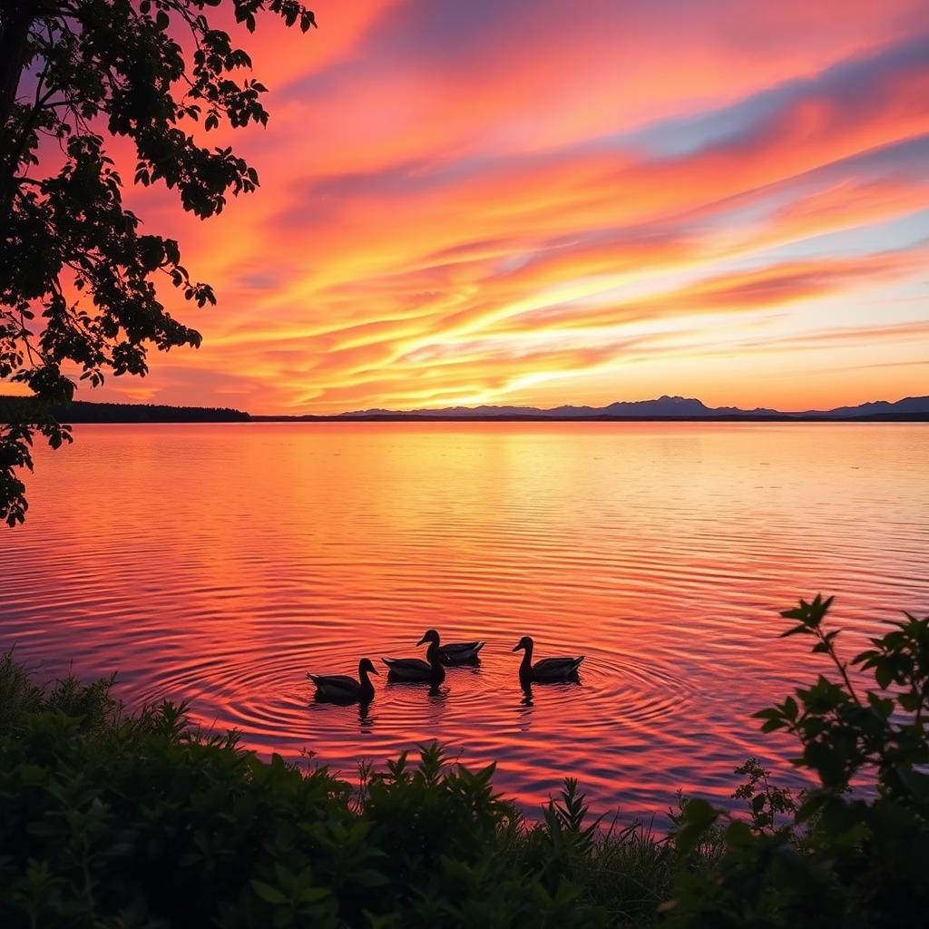 A serene and picturesque landscape showcasing a vibrant sunset over a calm lake, with gentle ripples reflecting the fiery oranges and pinks of the sky