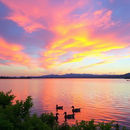 A serene and picturesque landscape showcasing a vibrant sunset over a calm lake, with gentle ripples reflecting the fiery oranges and pinks of the sky