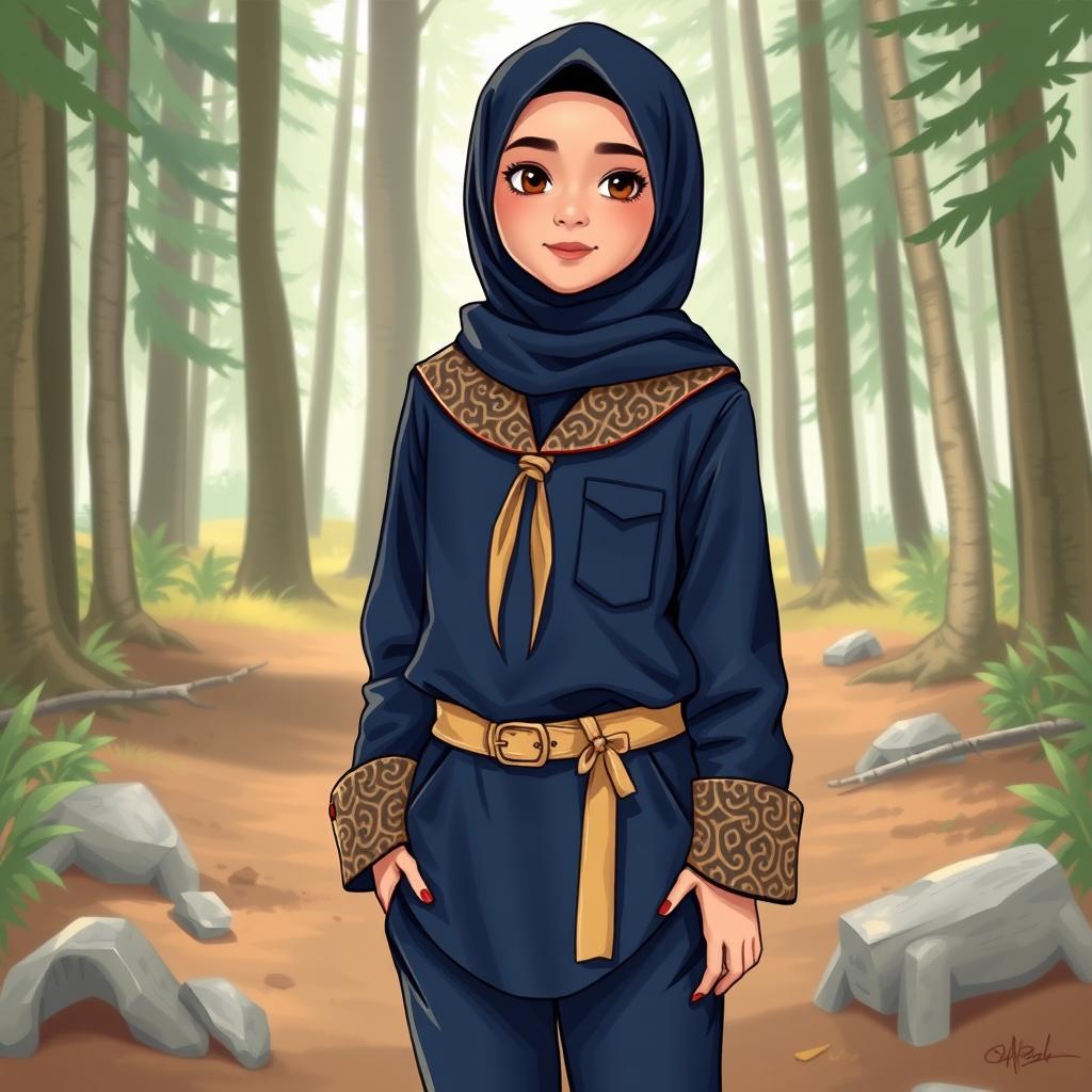 A realistic illustration of a young girl wearing a long-sleeved scout uniform, featuring a hijab and a scout hat
