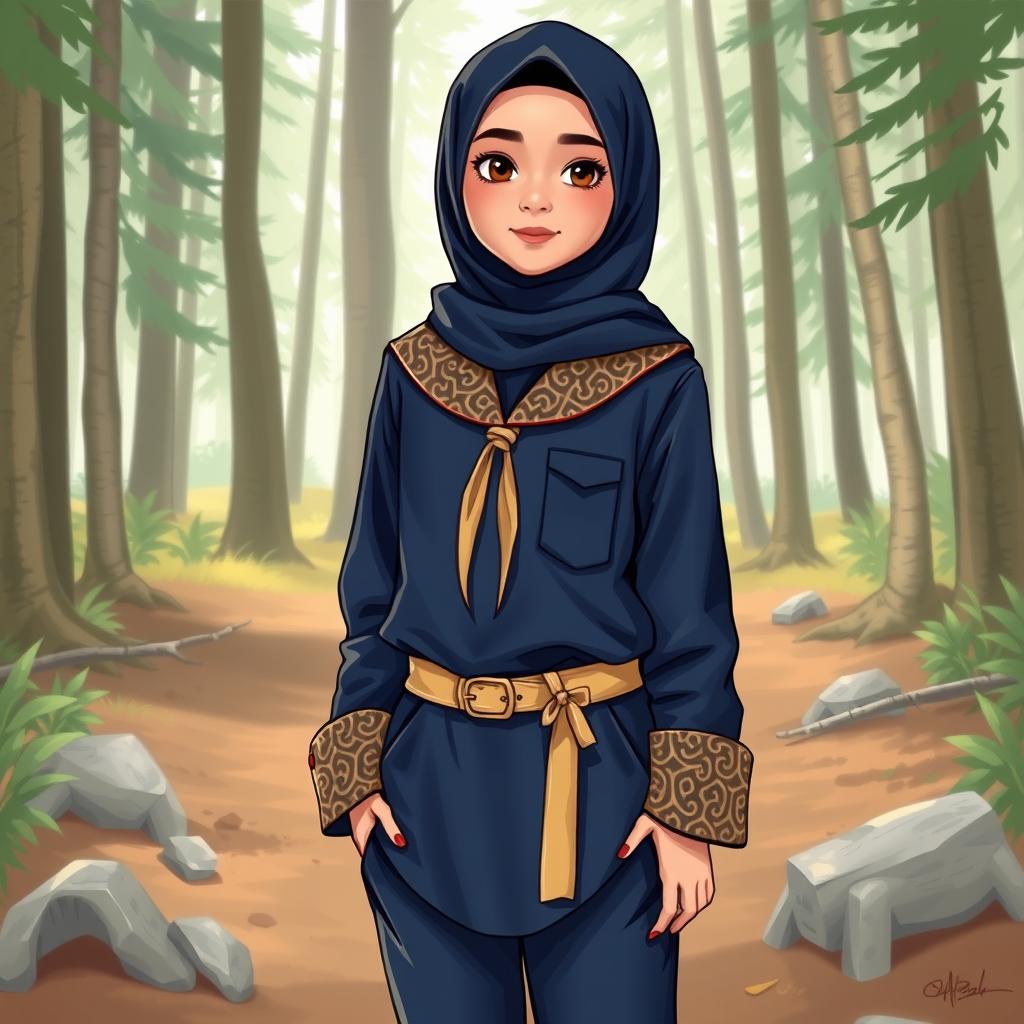 A realistic illustration of a young girl wearing a long-sleeved scout uniform, featuring a hijab and a scout hat