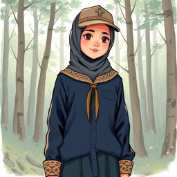 A realistic illustration of a young girl wearing a long-sleeved scout uniform, featuring a hijab and a scout hat