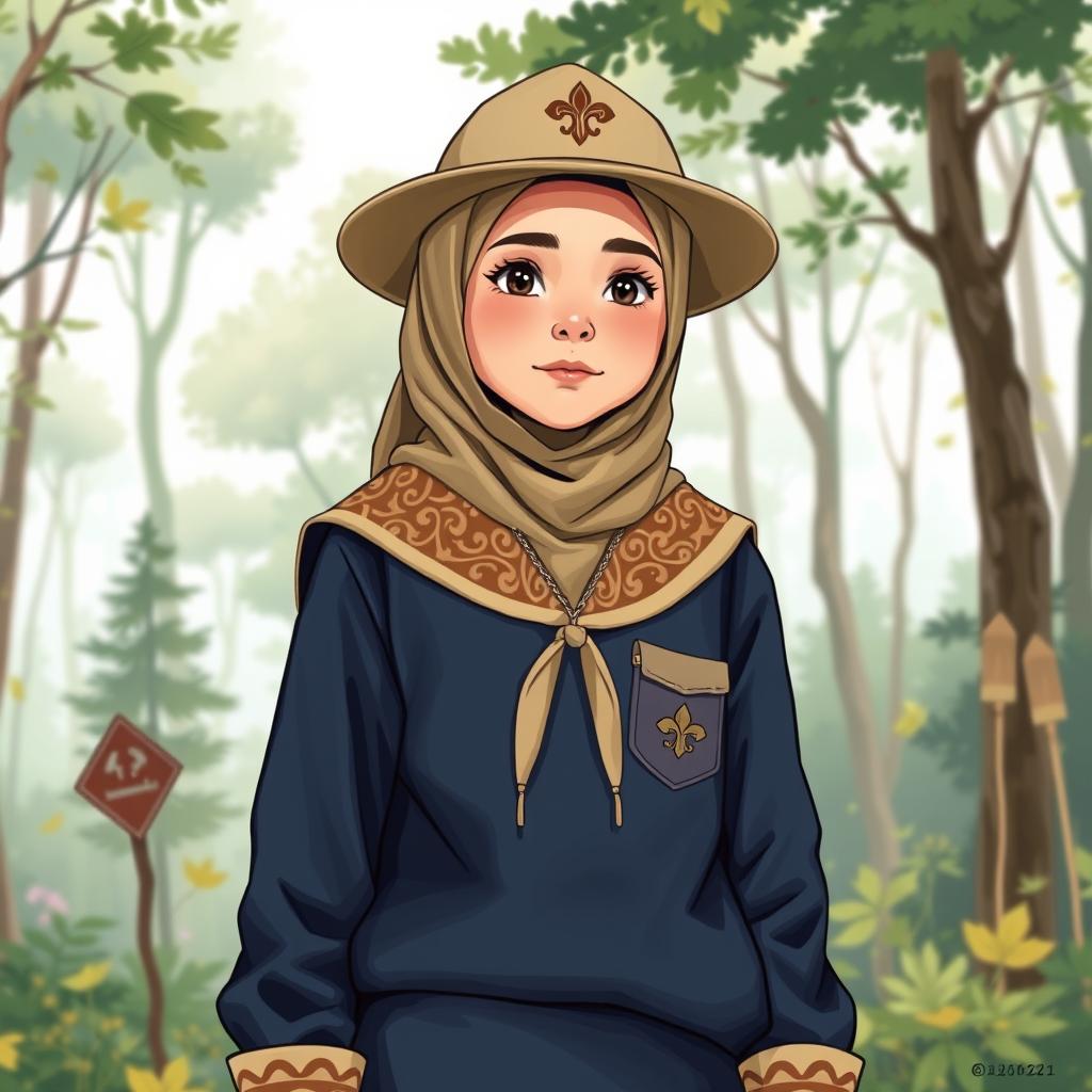 A realistic illustration of a young girl wearing a long-sleeved scout uniform, featuring a hijab and a scout hat