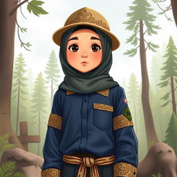 A realistic illustration of a young girl wearing a long-sleeved scout uniform, featuring a hijab and a scout hat