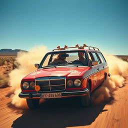 A hyper-realistic scene of wild Australian outback racing featuring a 1980s red Mercedes wagon adorned with vibrant rally stickers speeding across the rugged terrain