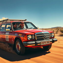 A hyper-realistic scene of wild Australian outback racing featuring a 1980s red Mercedes wagon adorned with vibrant rally stickers speeding across the rugged terrain