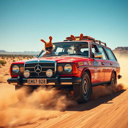 A hyper-realistic scene of wild Australian outback racing featuring a 1980s red Mercedes wagon adorned with vibrant rally stickers speeding across the rugged terrain