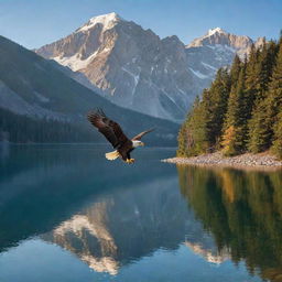 A serene and breathtaking mountainous landscape with a majestic eagle soaring high in the sky over a crystal clear lake, reflecting the splendor of the setting sun.