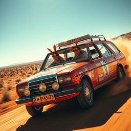 A hyper-realistic scene of wild Australian outback racing featuring a 1980s red Mercedes wagon adorned with vibrant rally stickers speeding across the rugged terrain